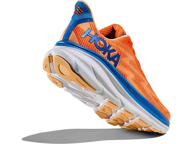 Back angled view of the Men's Clifton 9 by HOKA in the color Vibrant Orange/Impala