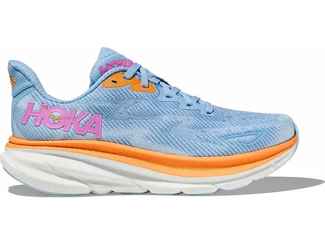 Lateral view of the Women's HOKA Clifton 9 in the wide D width, color Airy Blue/Ice Water