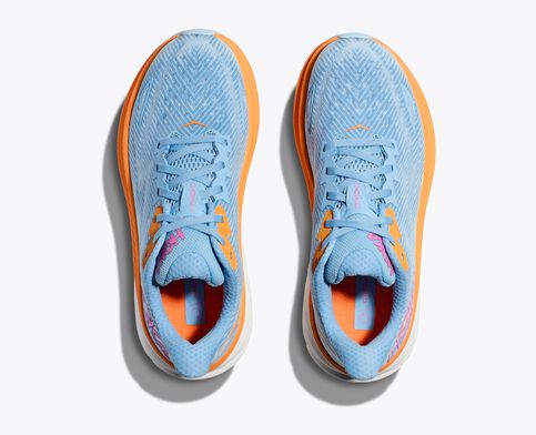 Top view of the Women's HOKA Clifton 9 in the color Airy Blue/Ice Water