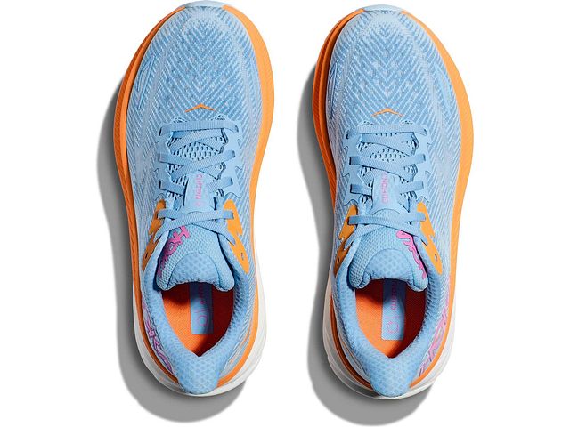 Top view of the Women's HOKA Clifton 9 in the wide D width, color Airy Blue/Ice Water