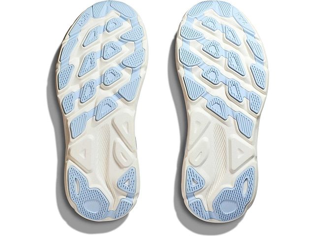 Bottom (outer sole) view of the Women's HOKA Clifton 9 in the wide D width, color Airy Blue/Ice Water