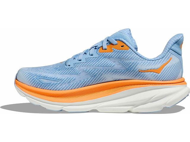 Medial view of the Women's HOKA Clifton 9 in the wide D width, color Airy Blue/Ice Water