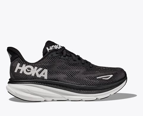 Lateral view of the Men's HOKA Clifton 9 in the wide 2E width - color Black/White