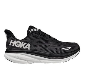 Lateral view of the Women's HOKA Clifton 9 in the wide D width - color Black/White