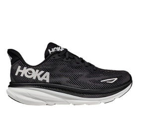 Lateral view of the Men's HOKA Clifton 9 in the color Black/White