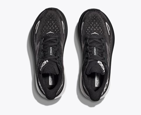 Top view of the Women's HOKA Clifton 9 in the color Black/White