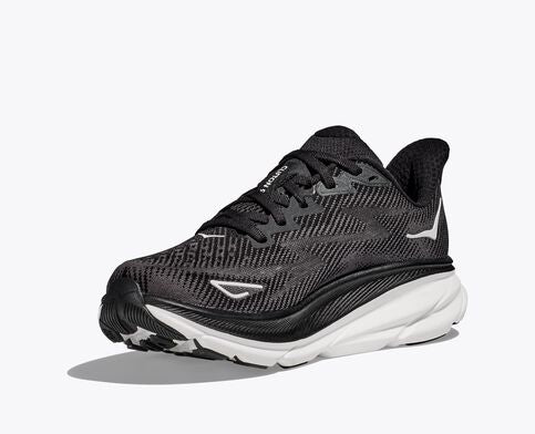 Front angled view of the Women's HOKA Clifton 9 in the wide D width - color Black/White