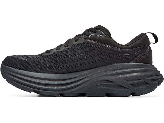 Medial view of the Women's Bondi 8 by HOKA in the color Black/Black