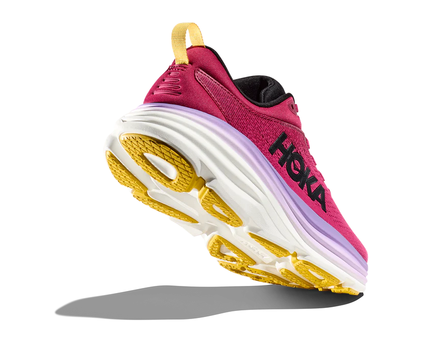 Back angled view of the Women's Bondi 8 by HOKA in the color Cherries Jubilee/Pink Yarrow