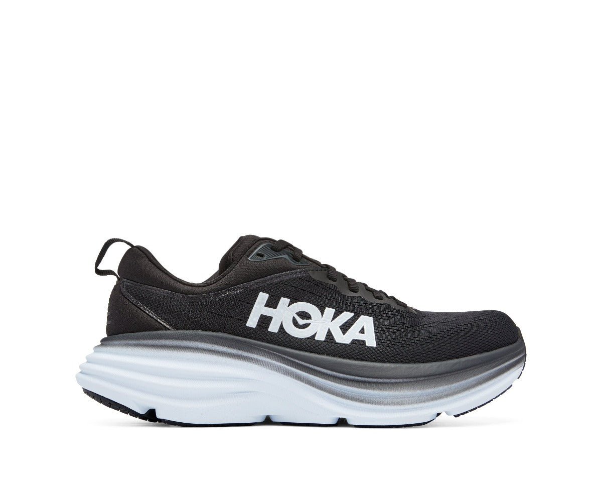 A lateral side view of the women's Hoka Bondi 8 "Wide" D width in black and white.