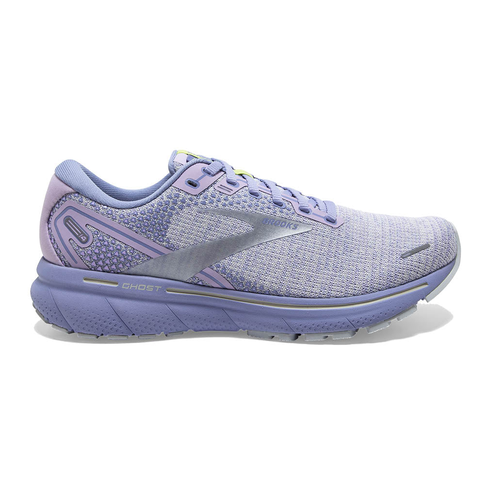 Lateral view of the Women's Ghost 14 by Brooks in the color Lilac / Purple / Lime