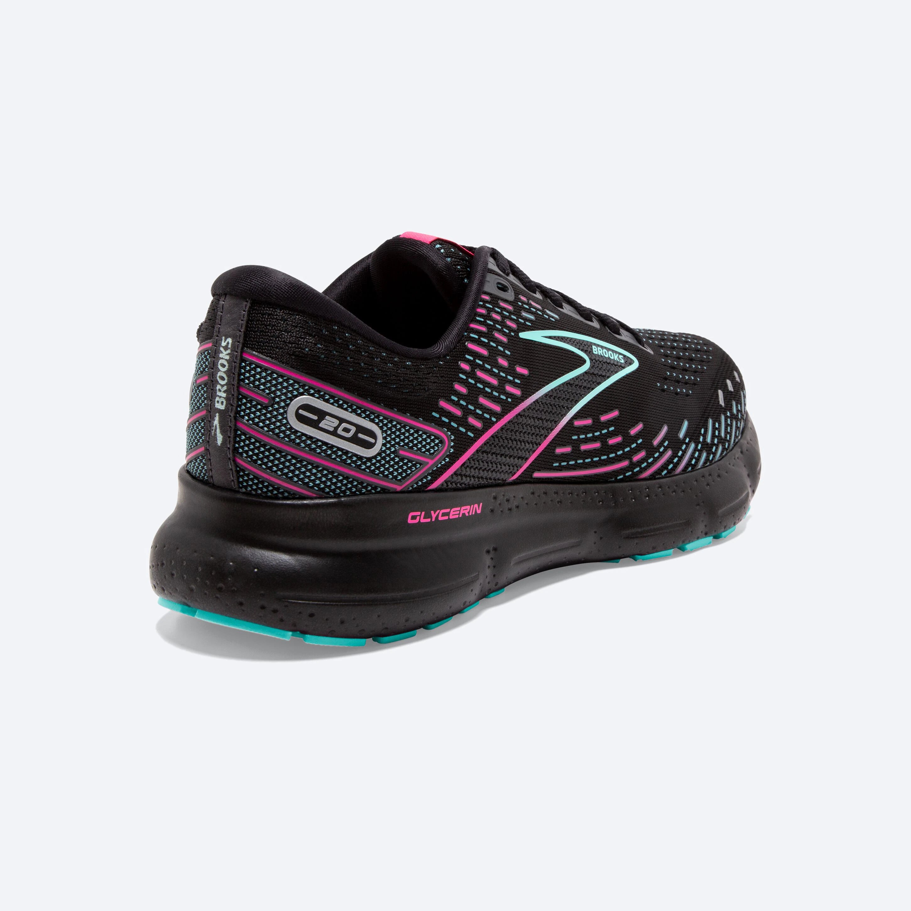 Back angle view of the Women's Glycerin 20 in Black/Blue Light/Pink