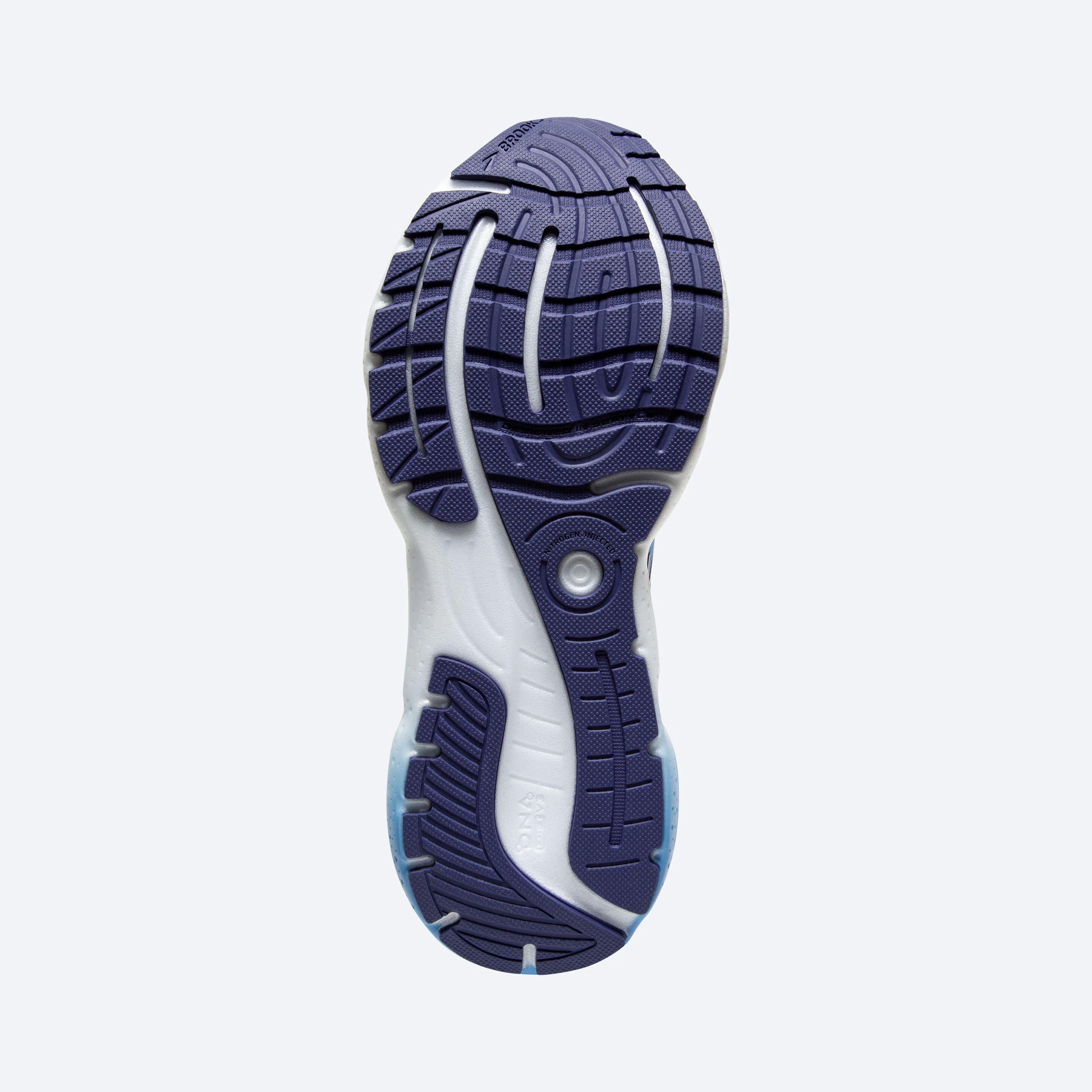 Bottom (outer sole) view of the Women's Glycerin 20 in Blissful Blue/Peach/White