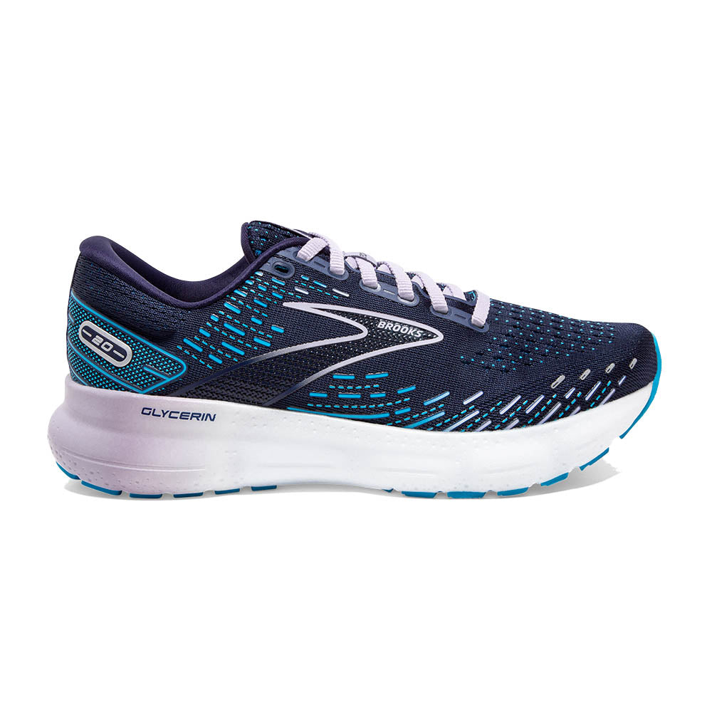 Lateral view of the Women's Glycerin 20 by BROOKS in the color Peacoat/Ocean/Pastel Lilac
