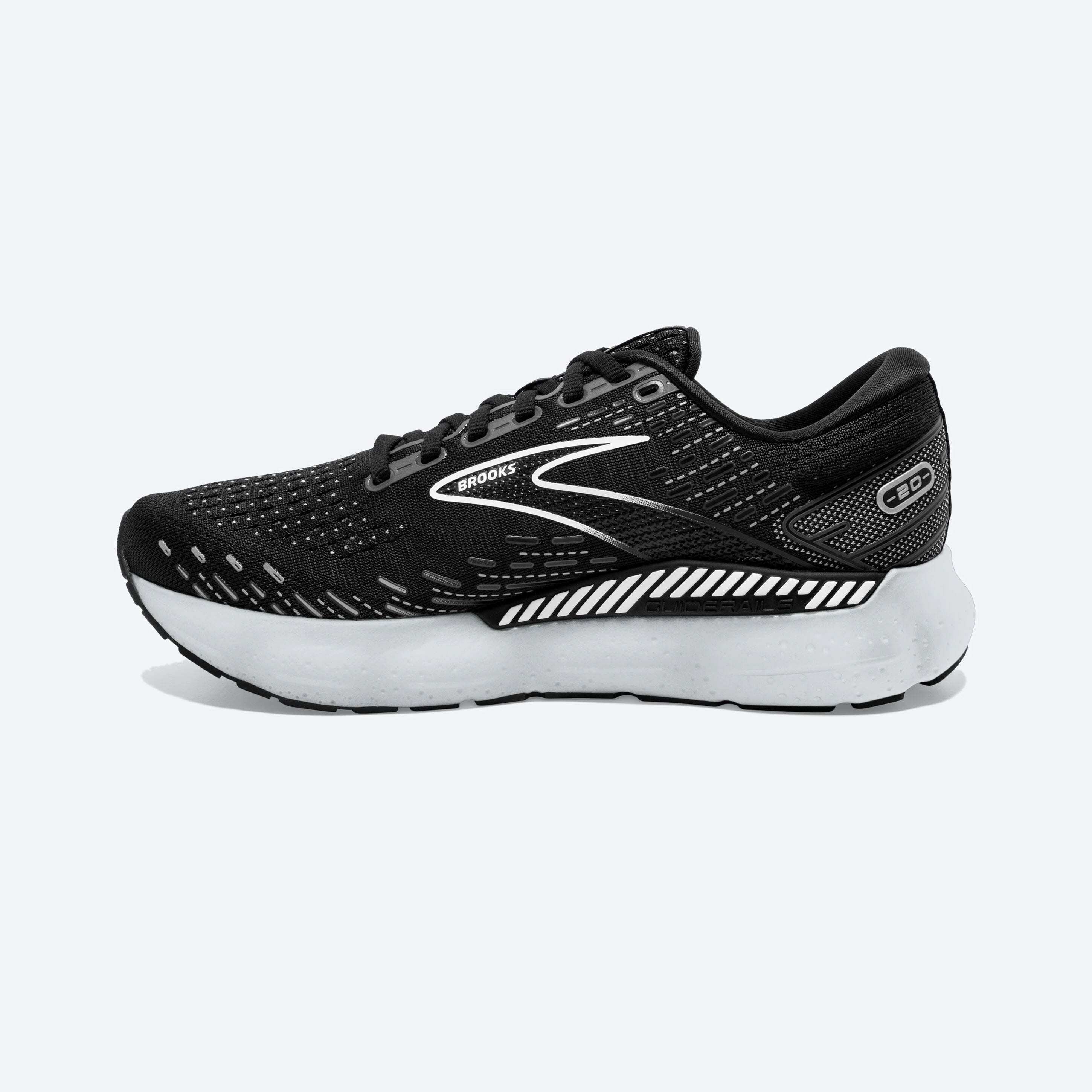 Medial view of the Women's Glycerin GTS 20 in the wide D width, color Black/White/Alloy