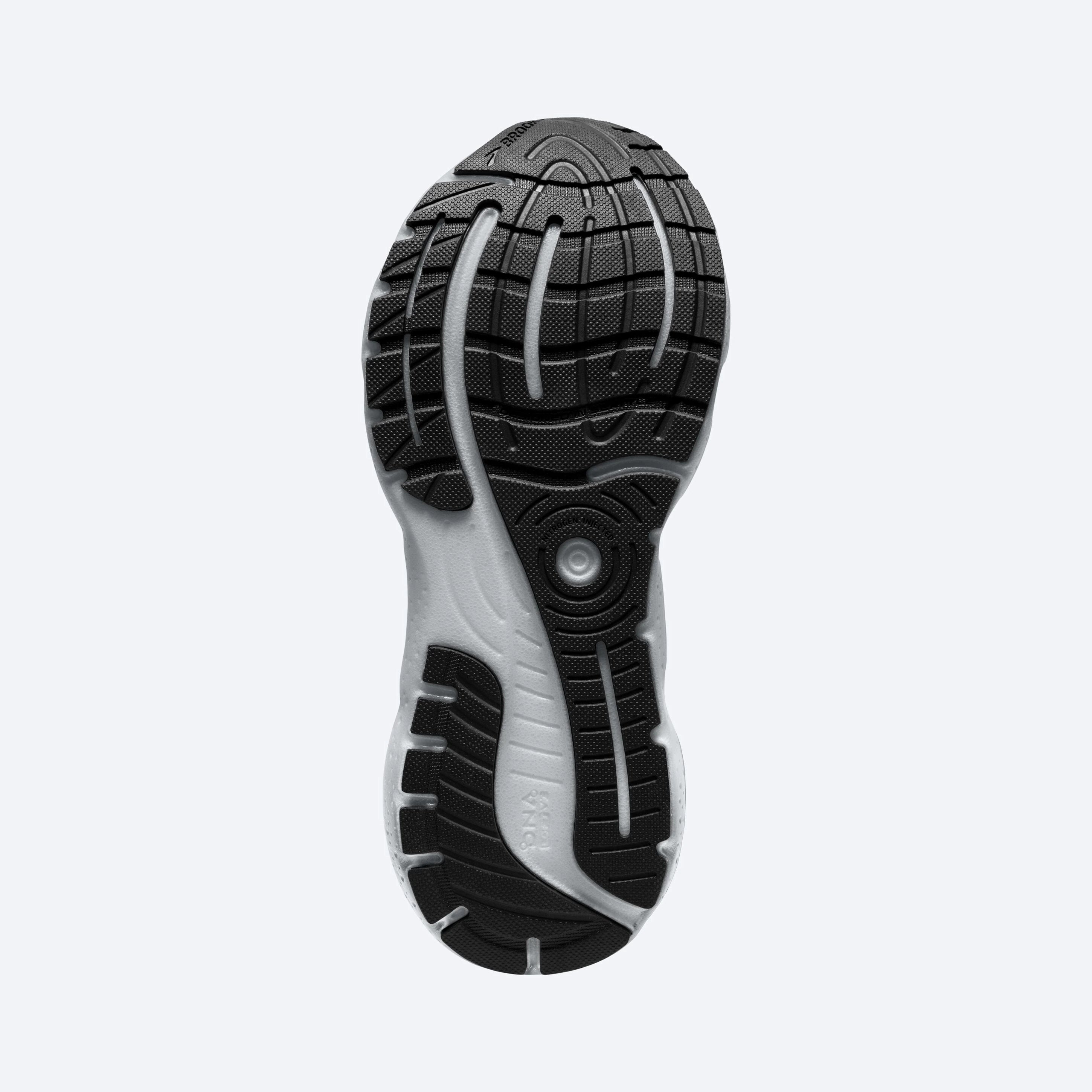 Bottom (outer sole) view of the Women's Glycerin GTS 20 in the wide D width, color Black/White/Alloy