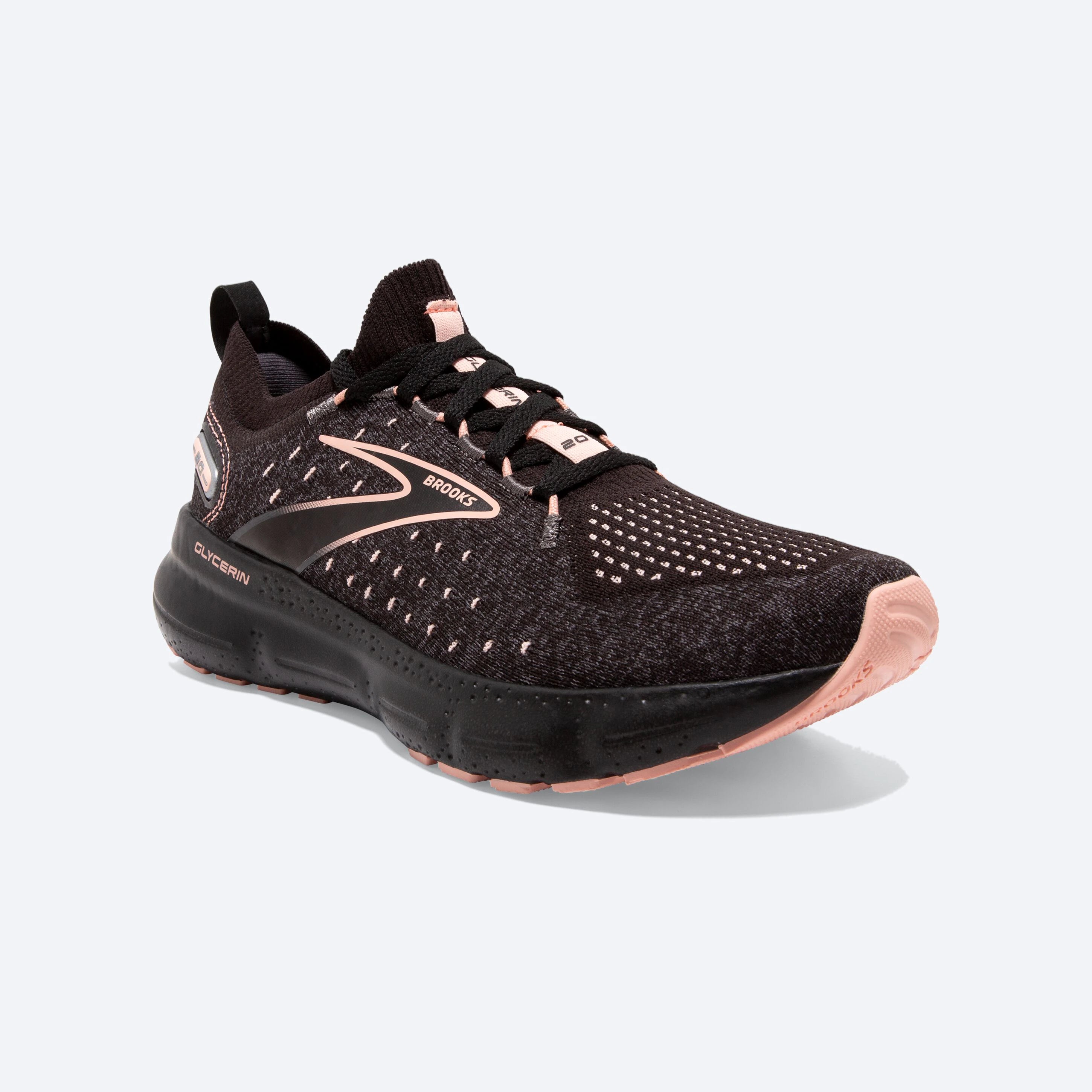 Front angle view of the Women's Glycerin Stealthfit 20 in Black/Blackened Pearl/Knockout Pink
