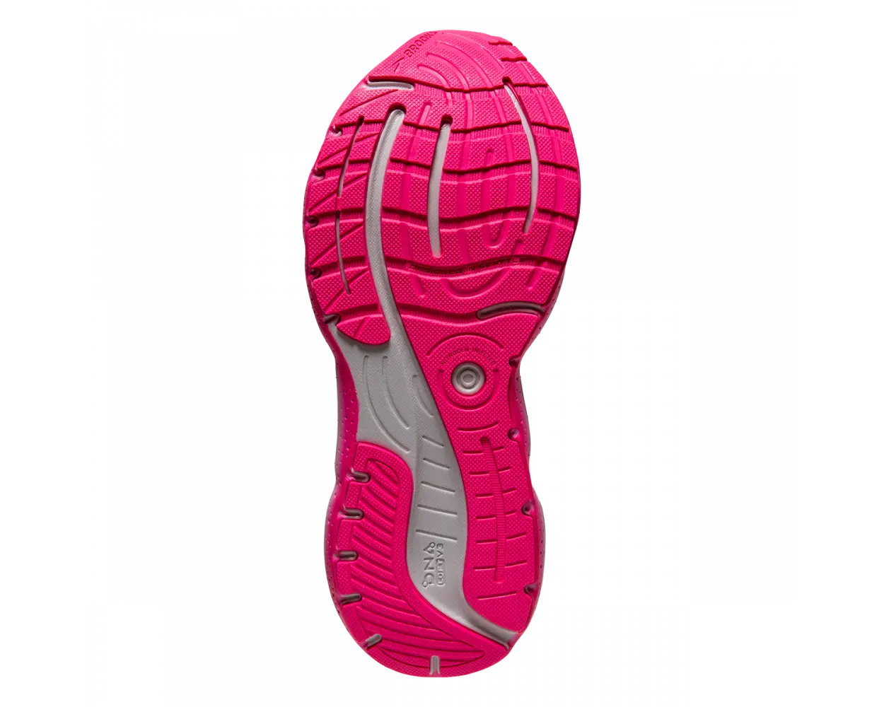 Bottom (outer sole) view of the Women's Glycerin Stealthfit 20 in the color Grey/Yellow/Pink