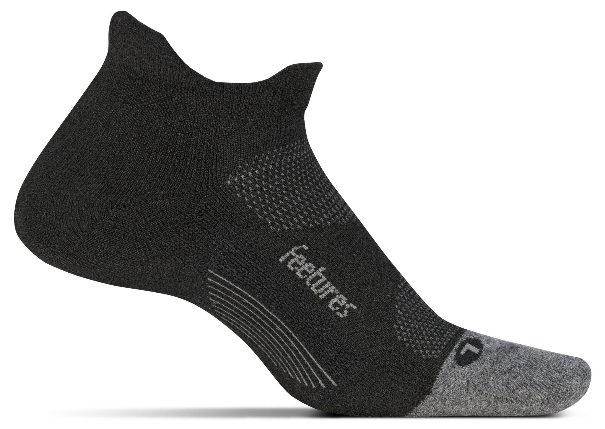 A medial view of the Feetures Elite Max Cushion running sock (left foot) in the color black.
