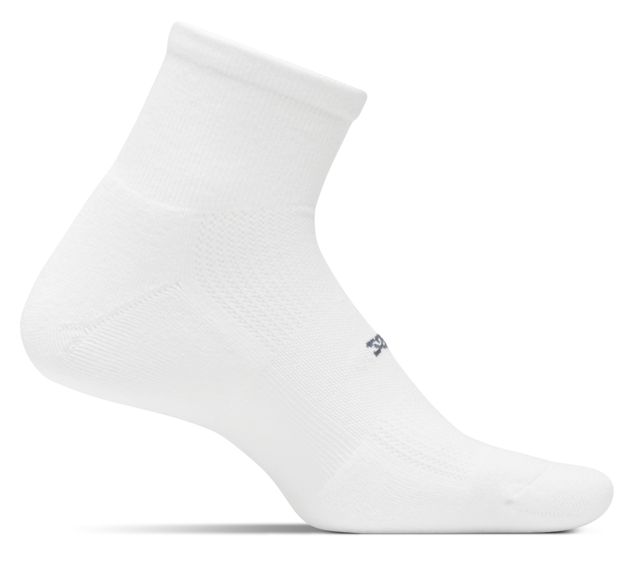 Medial view of the Feetures High Performance cushion Quarter height sock in the color white