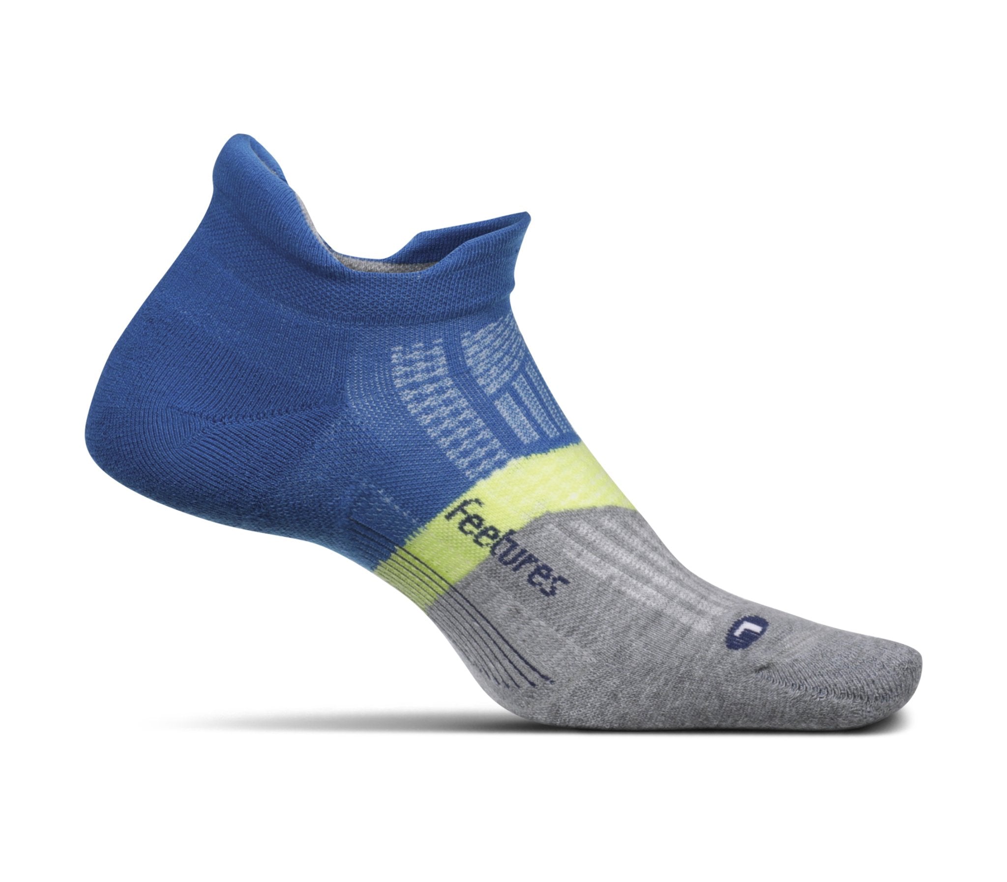 A medial view of the Feetures Elite Max Cushion running sock (left foot) in the color summer marine.