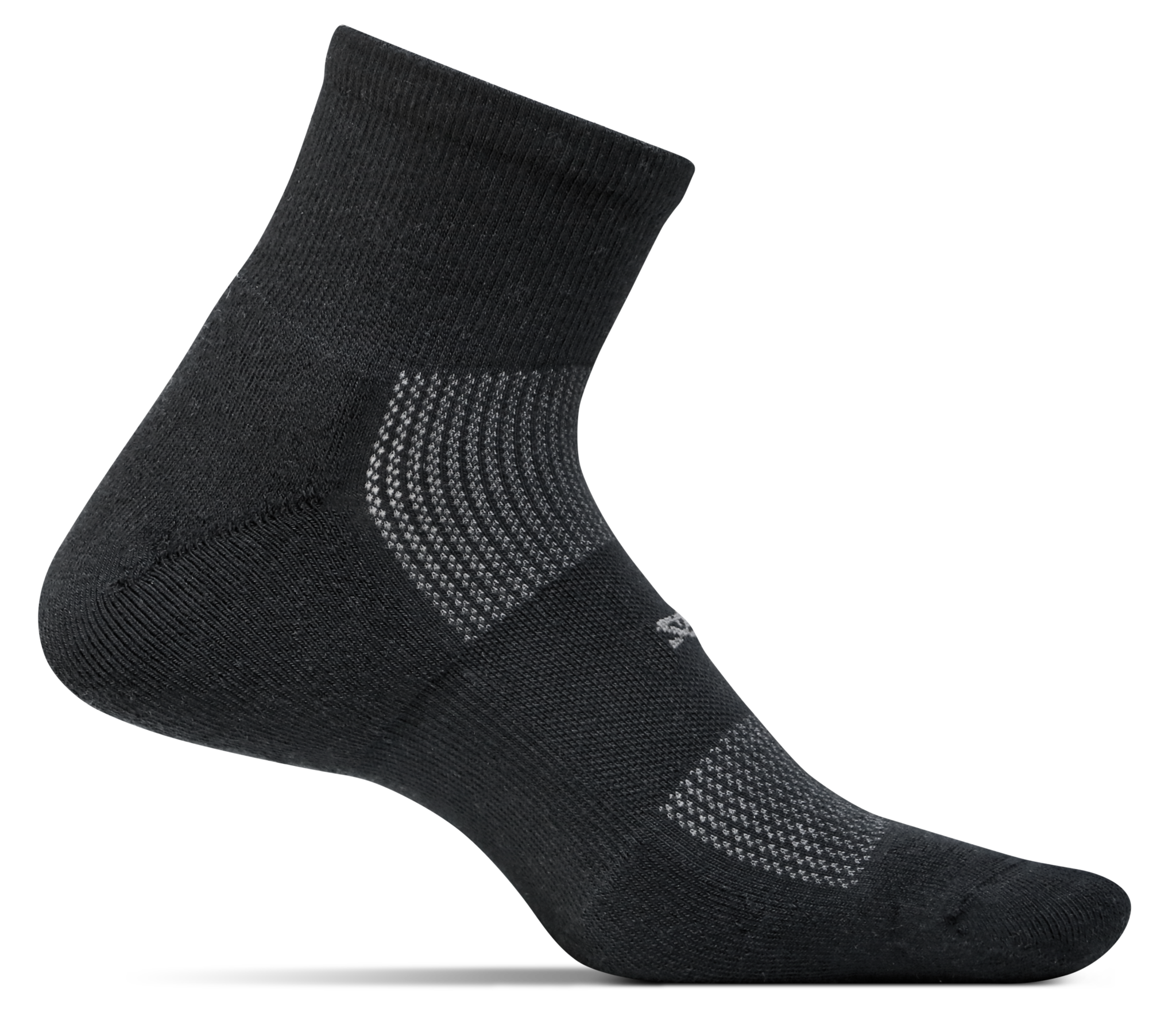 Medial view of the Feetures High Performance cushion quarter sock in the color black