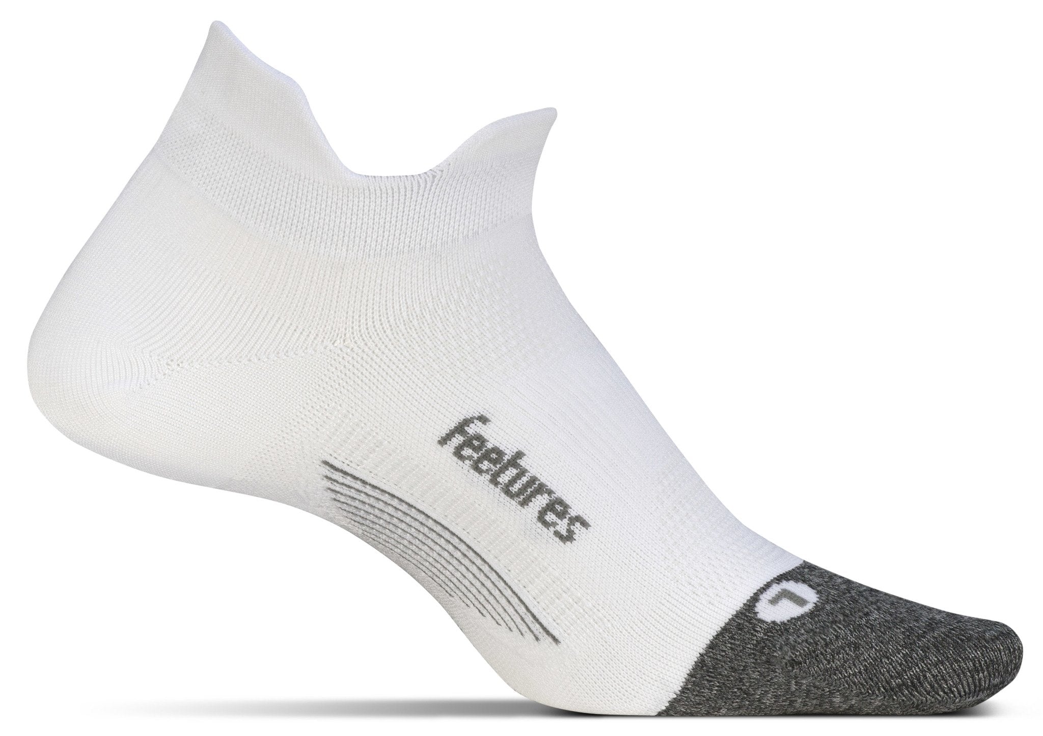 A medial view of the Feetures Elite Ultra Light no show running sock (left foot) in the color white