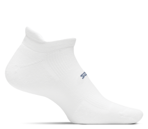 A medial view of the Feetures High Performance Ultra Light no show running sock in the color white