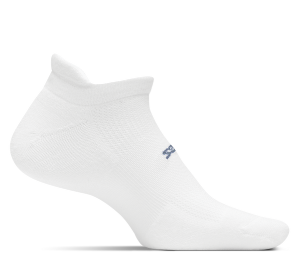 A medial view of the Feetures High Performance Ultra Light no show running sock in the color white