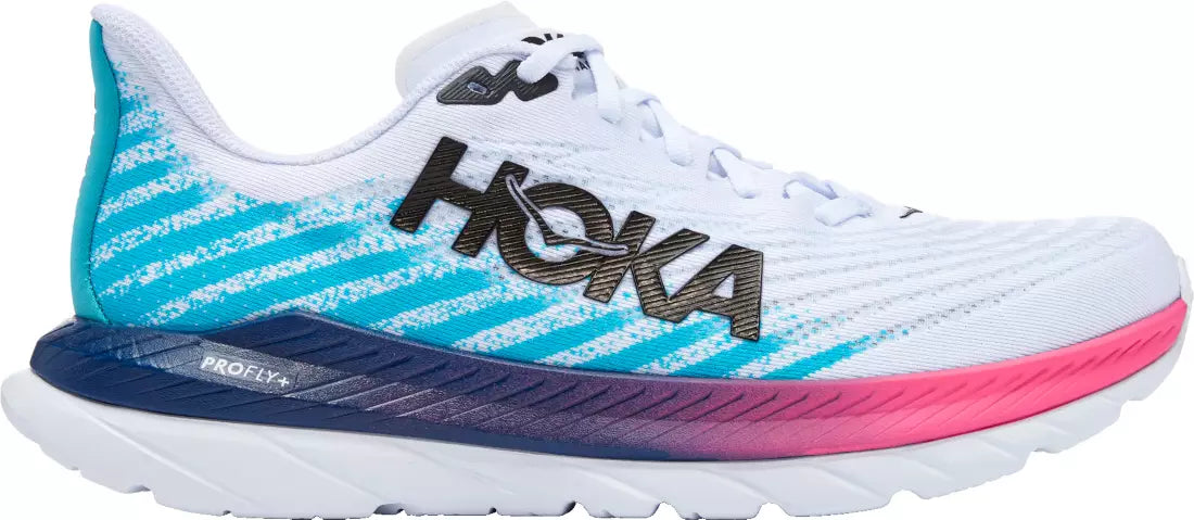 Lateral view of the Men's HOKA Mach 5 in the color White/Scuba