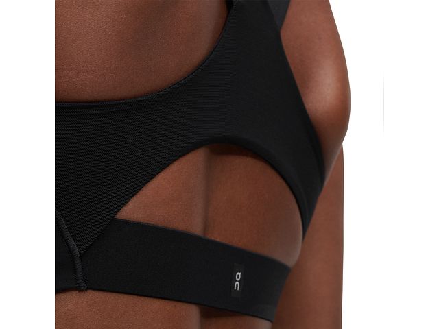 Rear view of womens black performance bra