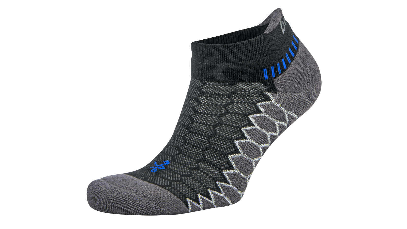 A lateral view of the Balega Silver no show running sock in the color black carbon.