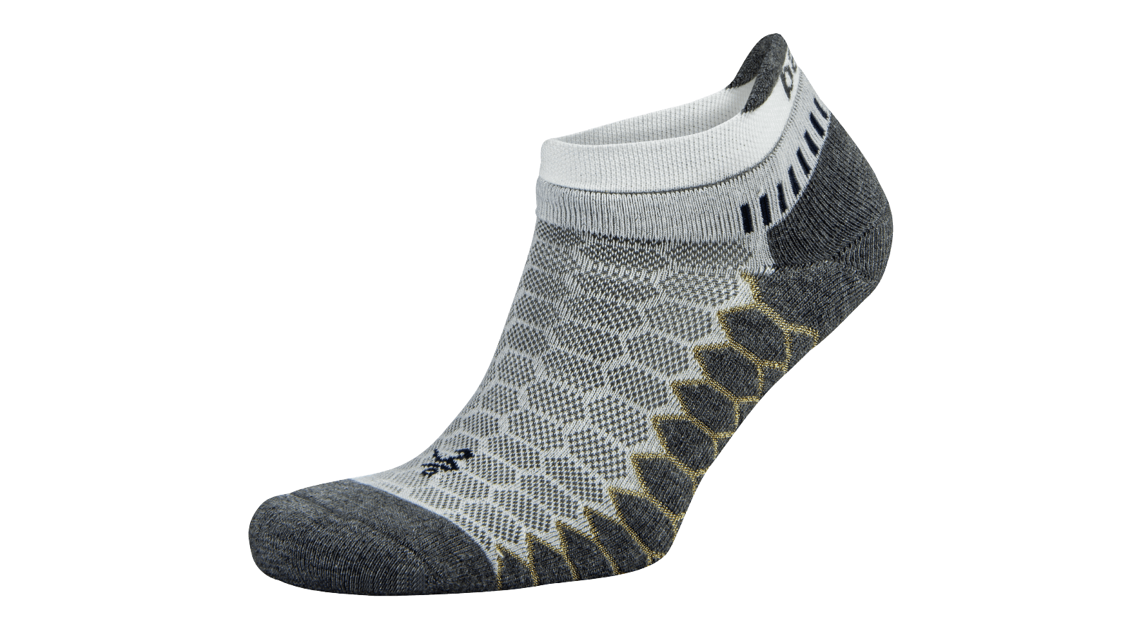 A lateral view of the Balega Silver no show running sock in the color white grey.