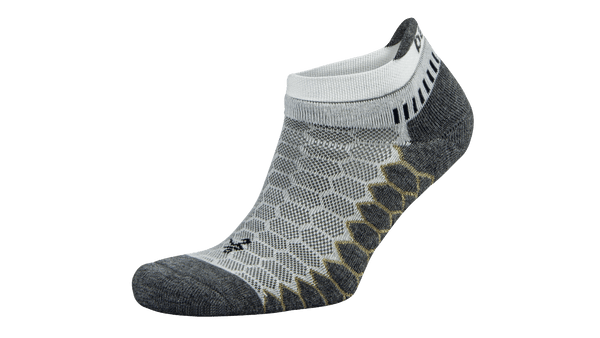 A lateral view of the Balega Silver no show running sock in the color white grey.