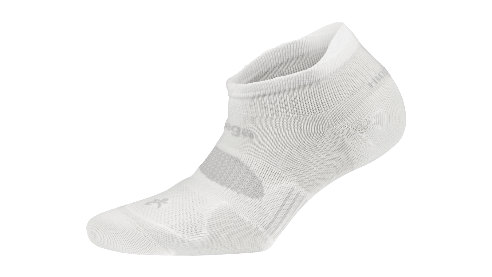 A lateral view of the Balega Hidden Dry no show running sock in the color white.