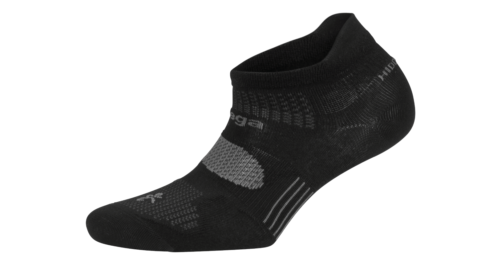 A lateral view of the Balega Hidden Dry no show running sock in the color black.