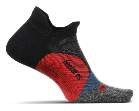Medial view of the Feetures Elite Ultra Light cushion no show tab sock.The color is bounce black.