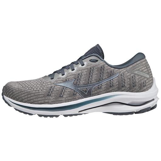 Medial view of the Men's Wave Rider 25 Waveknit by Mizuno in the color Drizzle/Antarctica