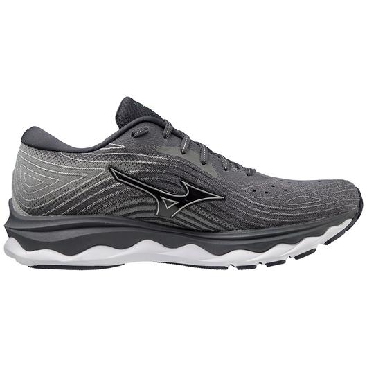 Lateral view of the Men's Wave Sky 6 by Mizuno in the color Quiet Shade/Silver