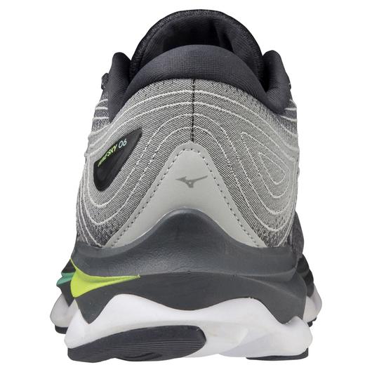 Back view of the Men's Wave Sky 6 by Mizuno in the color Quiet Shade/Silver