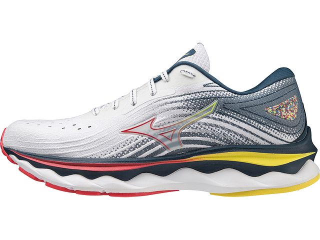 Medial view of the Women's Mizuno Wave 6 in the color White / Hibiscus