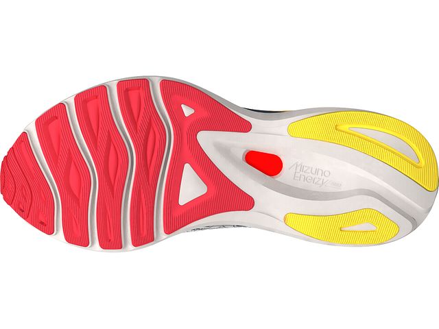 Bottom (outer sole) view of the Women's Mizuno Wave 6 in the color White / Hibiscus