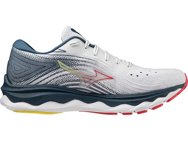 Lateral view of the Women's Mizuno Wave 6 in the color White / Hibiscus