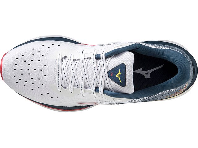 Top view of the Women's Mizuno Wave 6 in the color White / Hibiscus