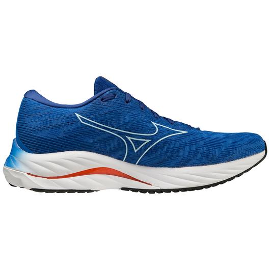 Lateral view of the Men's Wave Rider 26 by Mizuno in the color Super sonic/Ice Water
