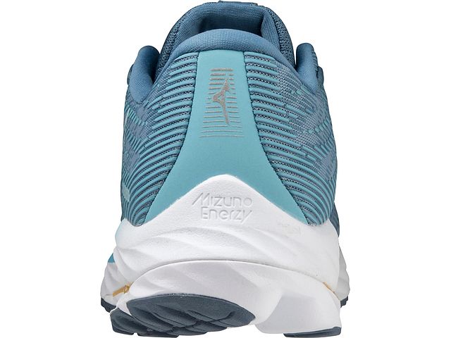 Back view of the Women's Mizuno Wave Rider 26 in the color Mountain Spring / White