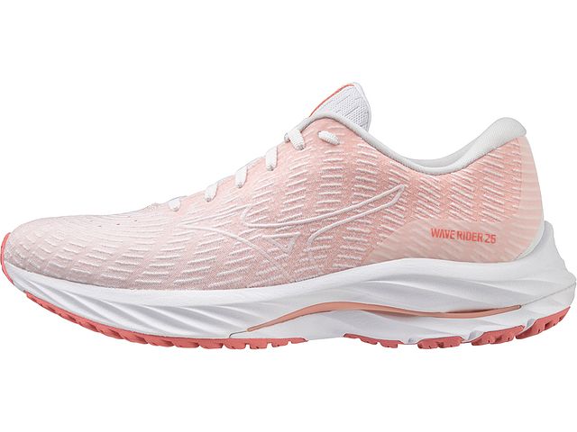 Medial view of the Women's Mizuno Wave Rider 26 SSW in the color White / Vaporous Grey