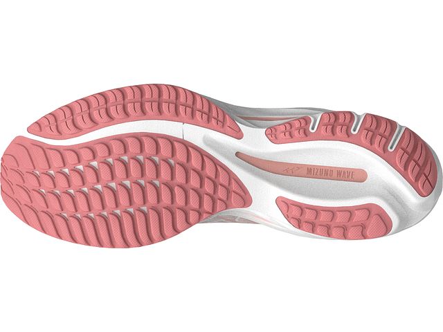 Bottom (outer sole) view of the Women's Mizuno Wave Rider 26 SSW in the color White / Vaporous Grey