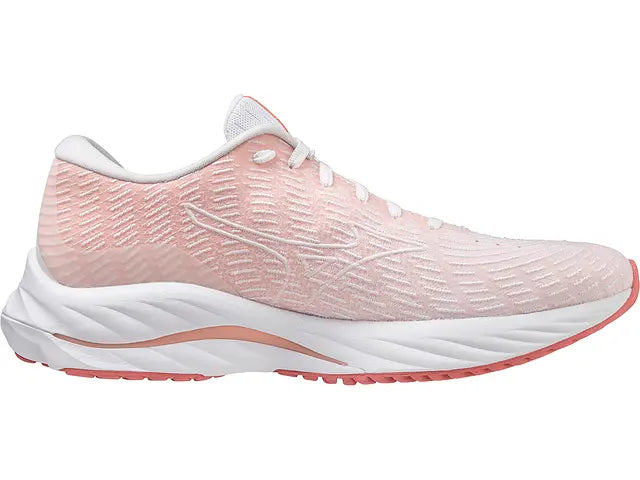 Lateral view of the Women's Mizuno Wave Rider 26 SSW in the color White / Vaporous Grey