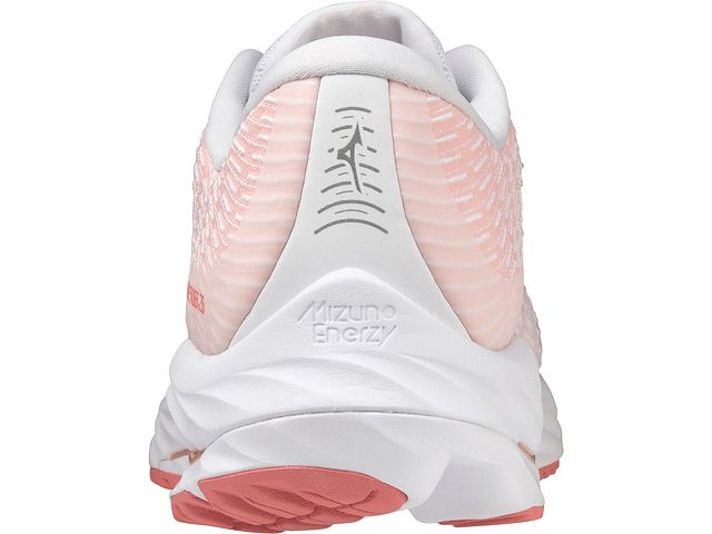 Back view of the Women's Mizuno Wave Rider 26 SSW in the color White / Vaporous Grey
